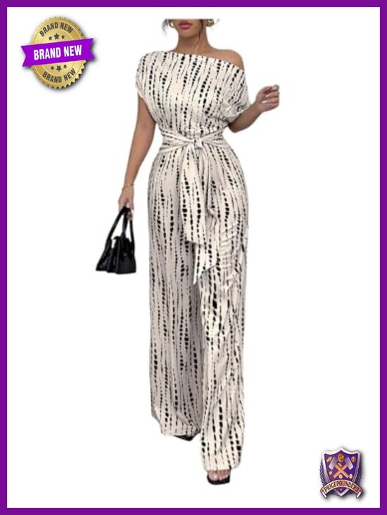 Pants - Elegant Tie Front Wide Leg Romper Asymmetrical Neck Jumpsuit